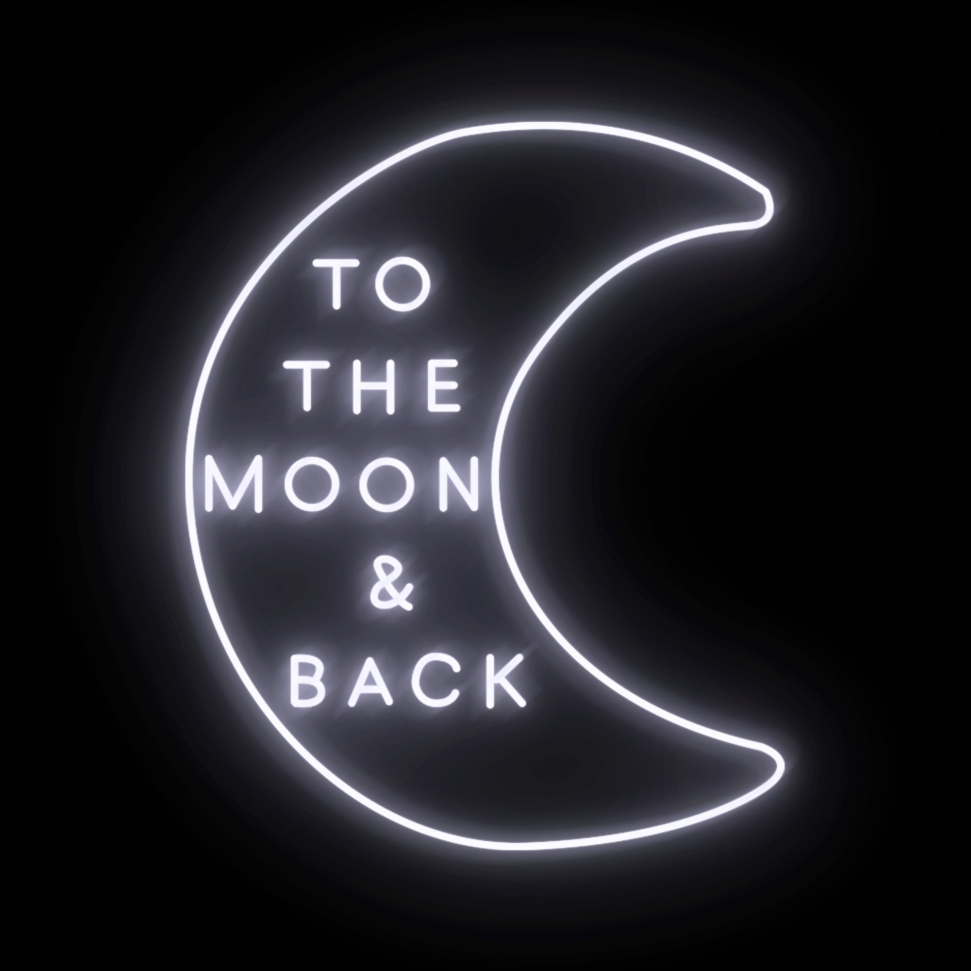 A neon sign in the shape of a crescent moon with the phrase 'TO THE MOON & BACK' illuminated inside it.