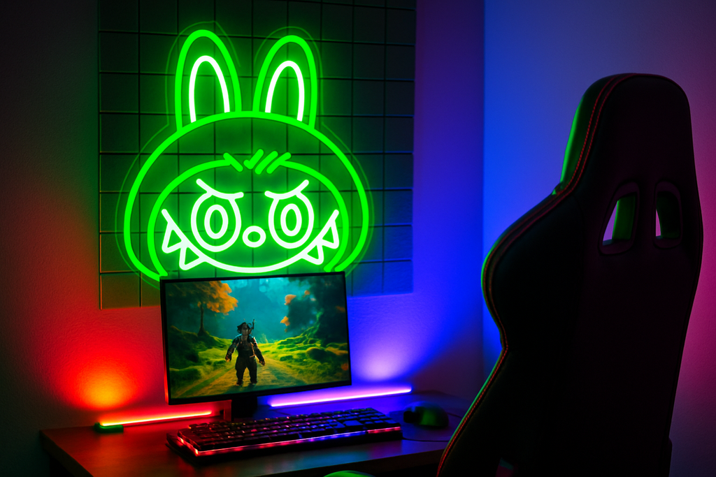 Gaming setup with a neon sign of a cartoon character on a wall.