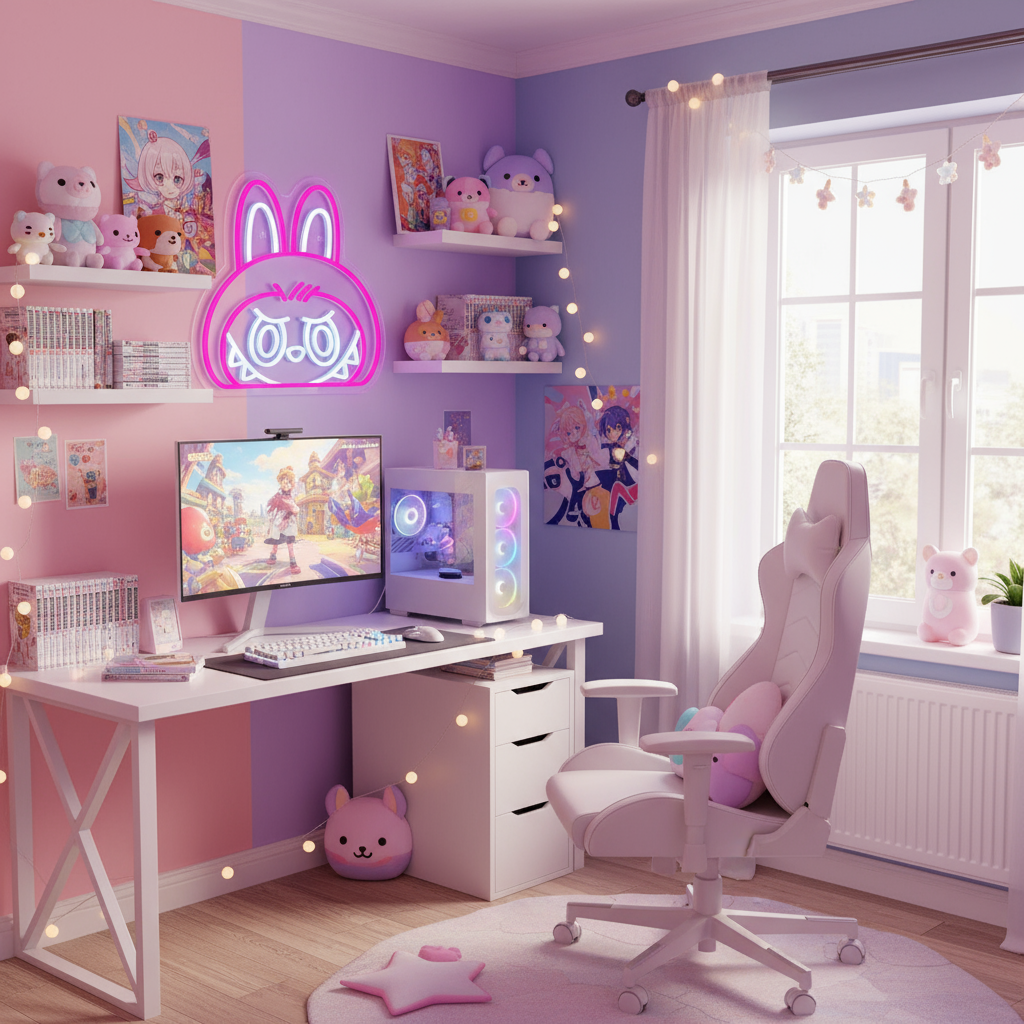 Children's room with a gaming setup, pink walls, and decorative items.