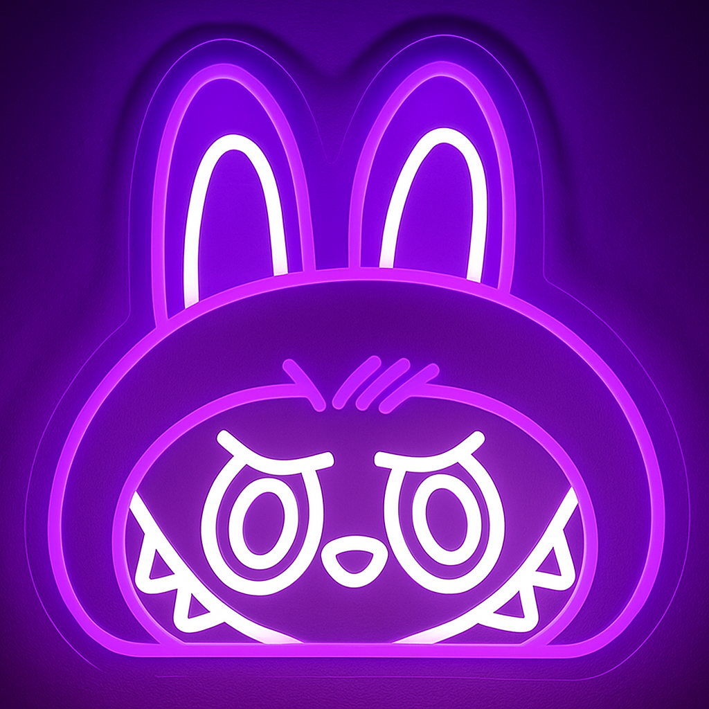 Neon sign of a cartoon character with rabbit ears on a purple background