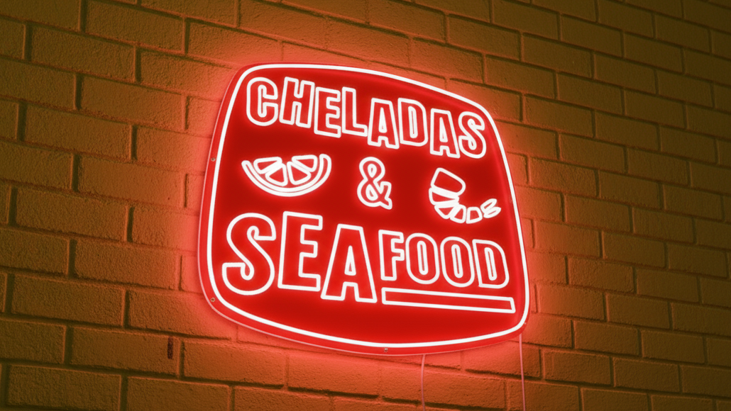 led neon sign on red backplate for restaurant